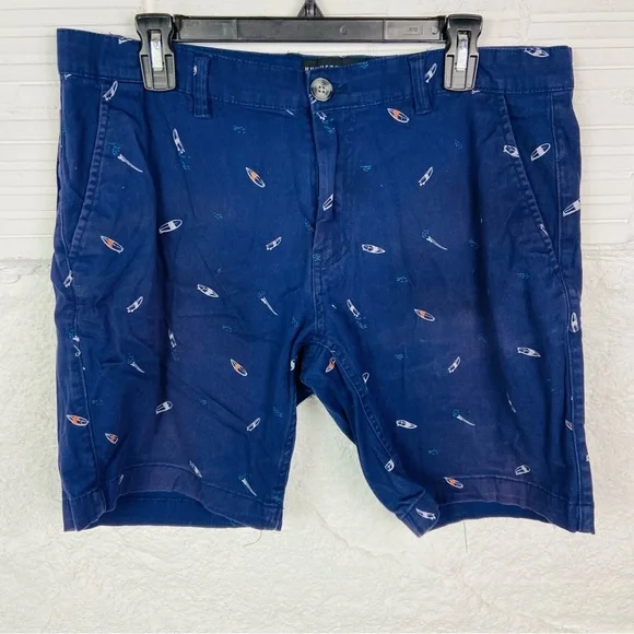 Knickerbocker navy Blue Flat Front cotton stretch surfboard print Shorts SZ 33 - Picture 6 of 11